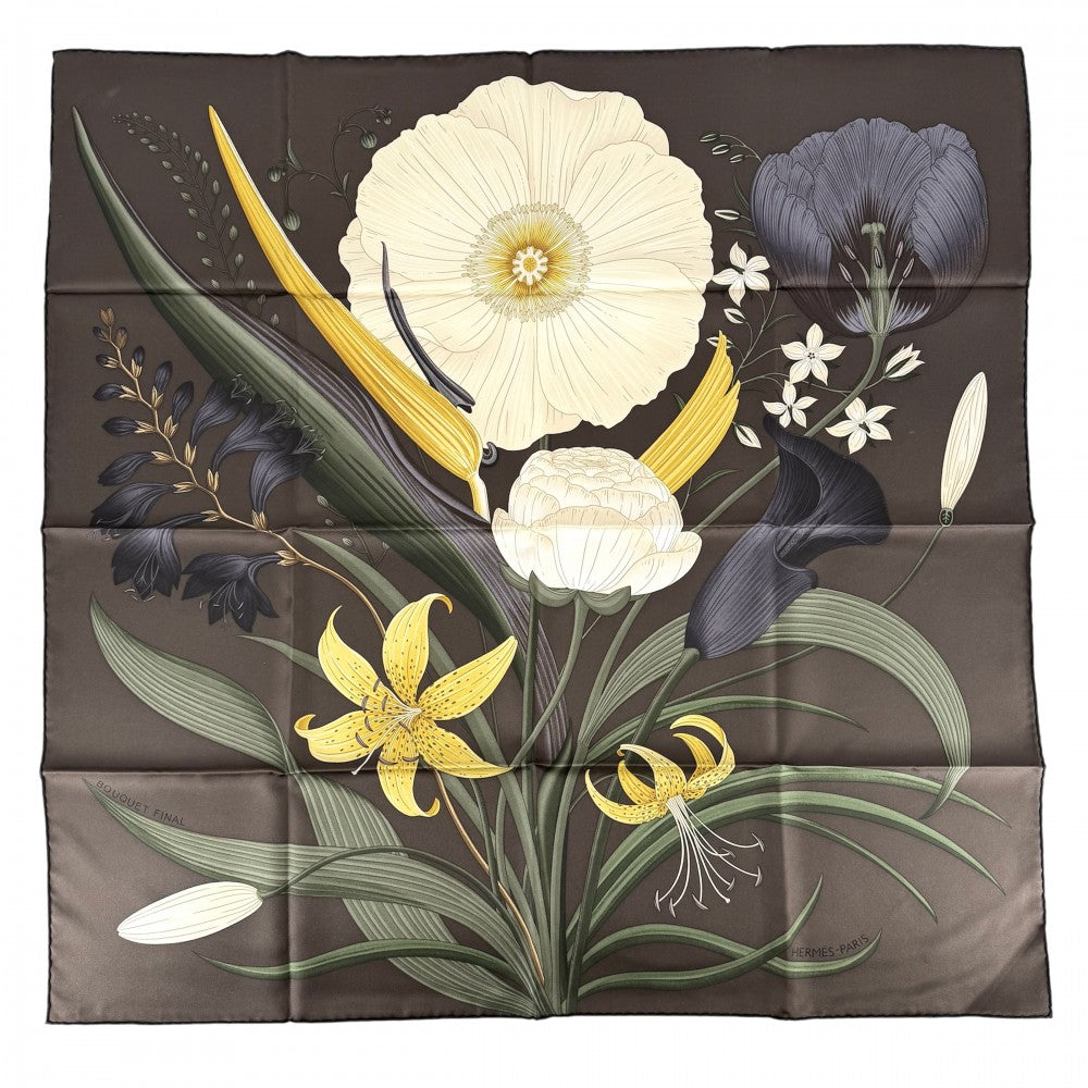HERMES エルメス ストール カレ90 BOUQUET FINAL ブケ・フィナル スカーフ ファッションアイテム シルク ブラウン 茶 ホワイト 白 レディース【中古品】