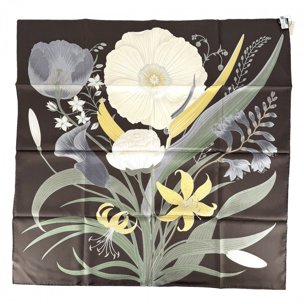 HERMES エルメス ストール カレ90 BOUQUET FINAL ブケ・フィナル スカーフ ファッションアイテム シルク ブラウン 茶 ホワイト 白 レディース【中古品】