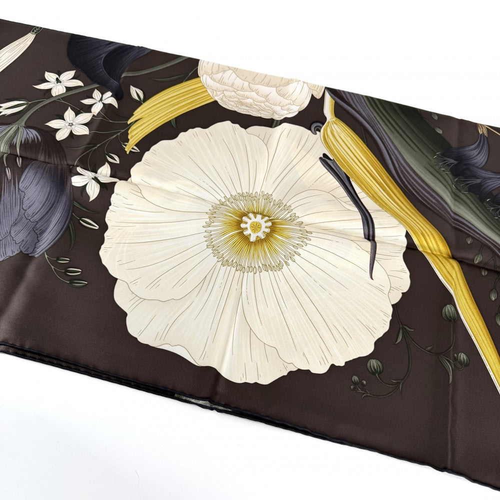 HERMES エルメス ストール カレ90 BOUQUET FINAL ブケ・フィナル スカーフ ファッションアイテム シルク ブラウン 茶 ホワイト 白 レディース【中古品】