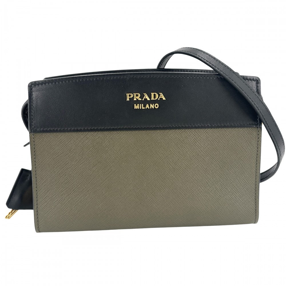 PRADA プラダ ショルダーバッグ エスプラナード バイカラー 1BH043 レザー カーキ ブラック 黒 ゴールド金具 レディース【中古品】