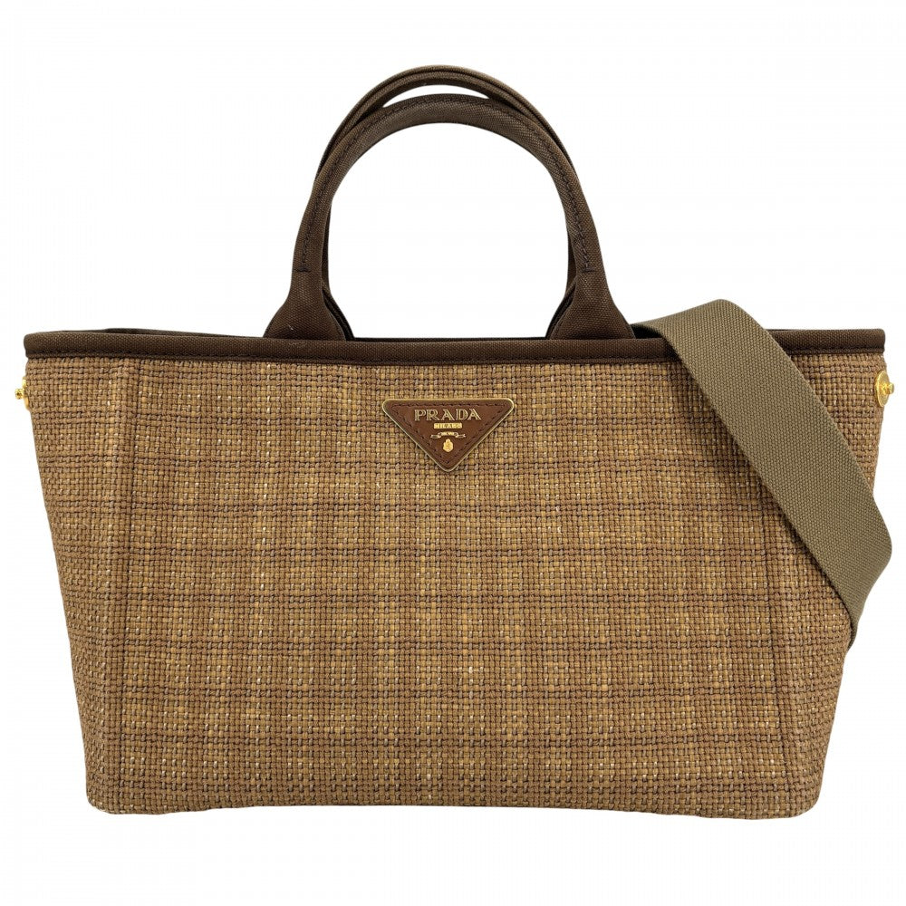 PRADA プラダ 2WAY ショルダーバッグ ハンドバッグ トライアングルロゴ かごバッグ 1BG155 キャンバス ストロー ブラウン 茶 レディース【中古品】