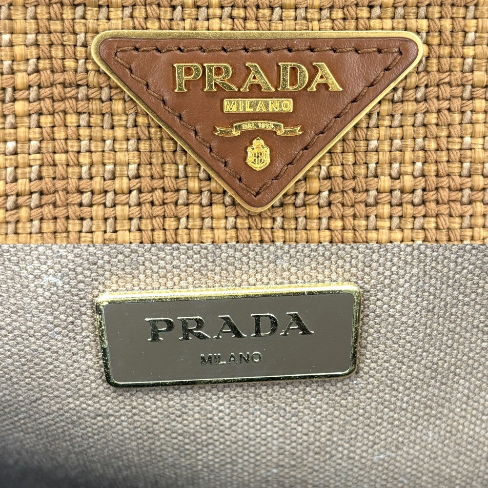 PRADA プラダ 2WAY ショルダーバッグ ハンドバッグ トライアングルロゴ かごバッグ 1BG155 キャンバス ストロー ブラウン 茶 レディース【中古品】
