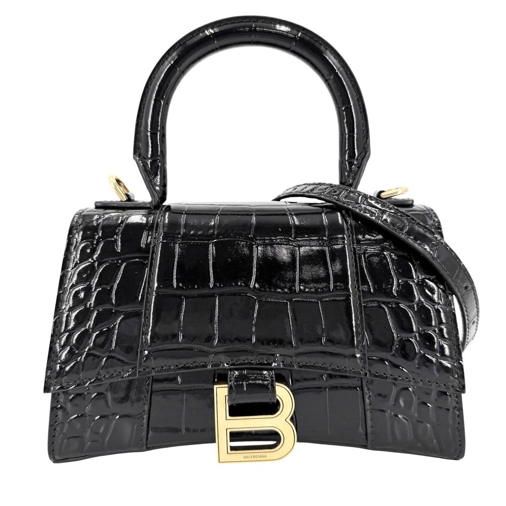 BALENCIAGA バレンシアガ 2WAY アワーグラス　XS ハンドバッグ ショルダーバッグ HOURGLASS クロコ型押し トップハンドル 592833 レザー ブラック 黒 アンティークゴールド金具 レディース【中古品】