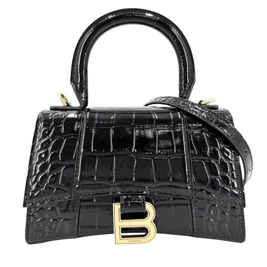 BALENCIAGA バレンシアガ 2WAY アワーグラス　XS ハンドバッグ ショルダーバッグ HOURGLASS クロコ型押し トップハンドル 592833 レザー ブラック 黒 アンティークゴールド金具 レディース【中古品】