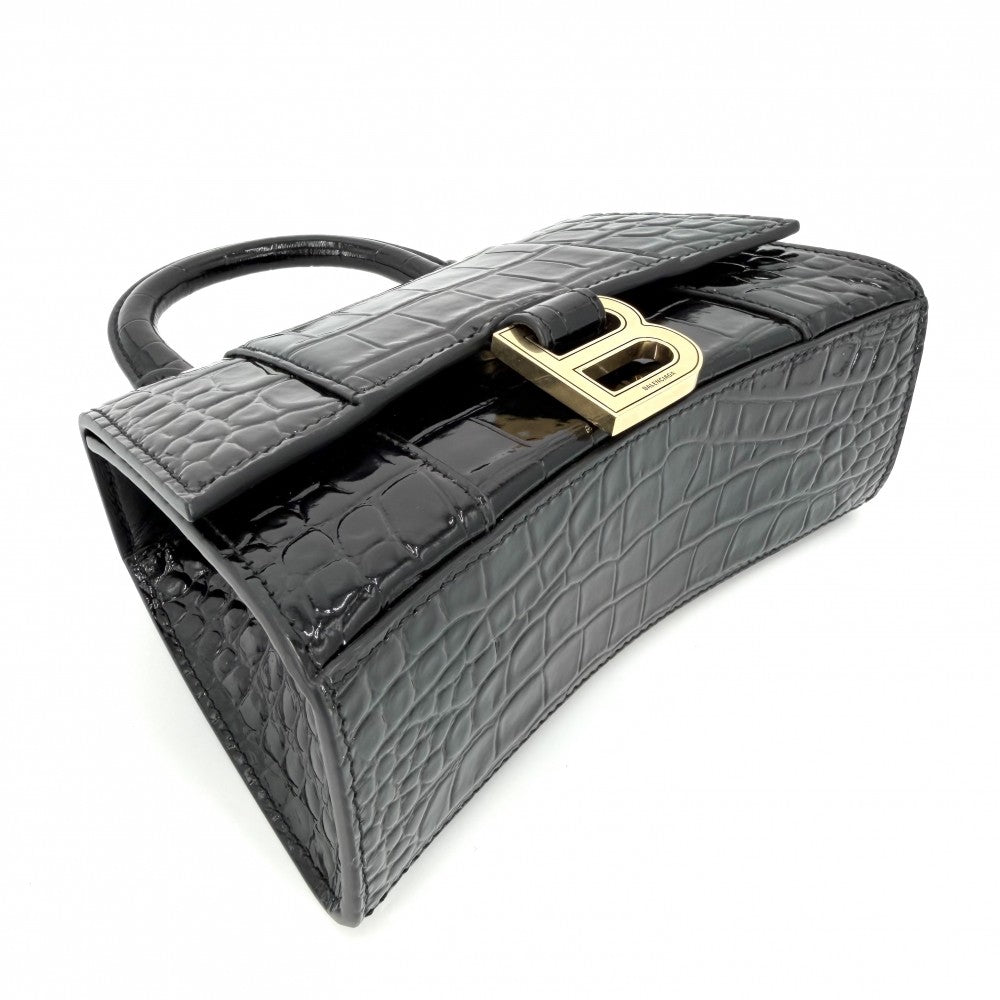 BALENCIAGA バレンシアガ 2WAY アワーグラス　XS ハンドバッグ ショルダーバッグ HOURGLASS クロコ型押し トップハンドル 592833 レザー ブラック 黒 アンティークゴールド金具 レディース【中古品】