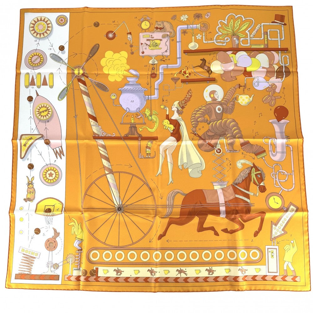HERMES エルメス スカーフ カレ90 TEA FOR TWO ティー・フォー・トゥー 大判 ファッションアイテム シルク オレンジ マルチカラー レディース【中古品】