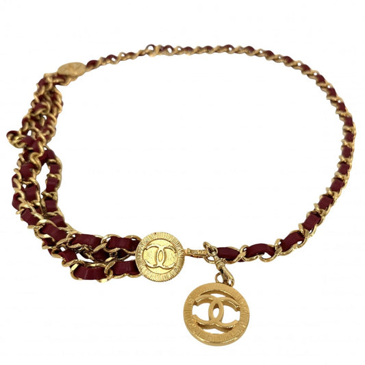 CHANEL シャネル ベルト メダル チェーンベルト ファッションアイテム 小物 ココマーク ヴィンテージ GP レザー レッド 赤 ゴールド金具 レディース【中古品】