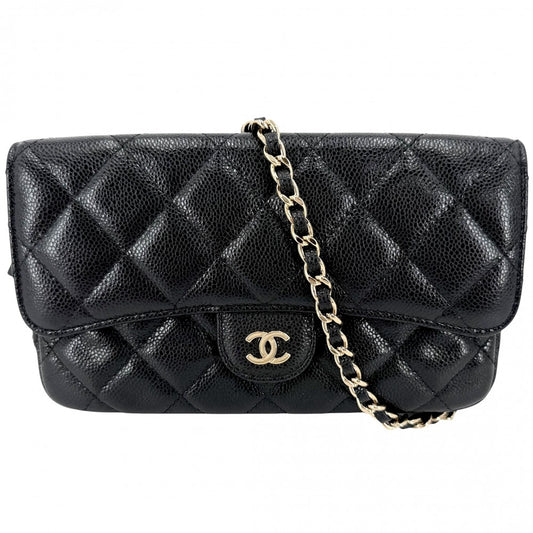 CHANEL シャネル ショルダーバッグ マトラッセ フラップ フォンケース チェーンウォレット ココマーク キャビアスキン ブラック 黒 ゴールド金具 レディース【中古品】