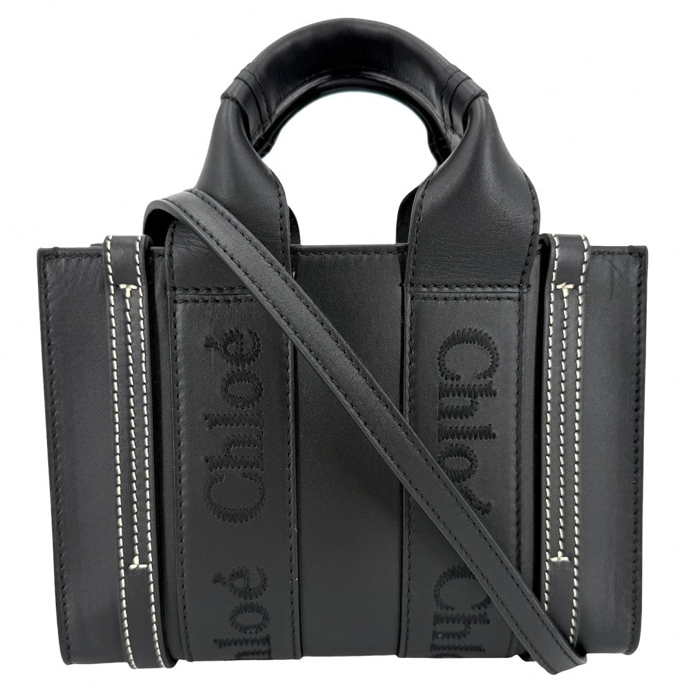 Chloe クロエ 2WAY WOODY　ウッディ ミニ トートバッグ ミニハンドバッグ ショルダーバッグ CHC22AP237 レザー ブラック 黒 レディース【中古品】