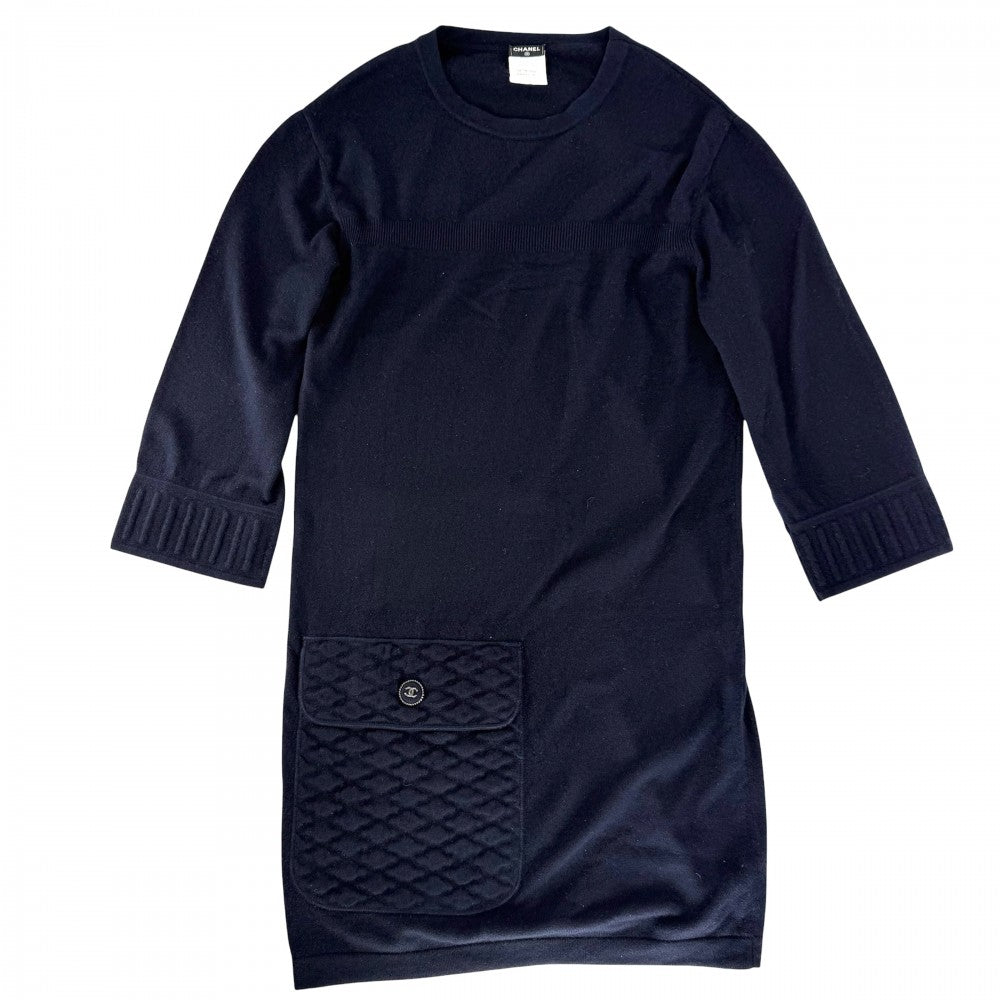 CHANEL シャネル ワンピース ココボタン ニットワンピース 長袖 ポケット アパレル 服 36 ネイビー 紺 秋 冬 カシミヤ ナイロン スパンデックス レディース【中古品】