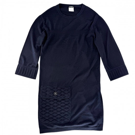 CHANEL シャネル ワンピース ココボタン ニットワンピース 長袖 ポケット アパレル 服 36 ネイビー 紺 秋 冬 カシミヤ ナイロン スパンデックス レディース【中古品】