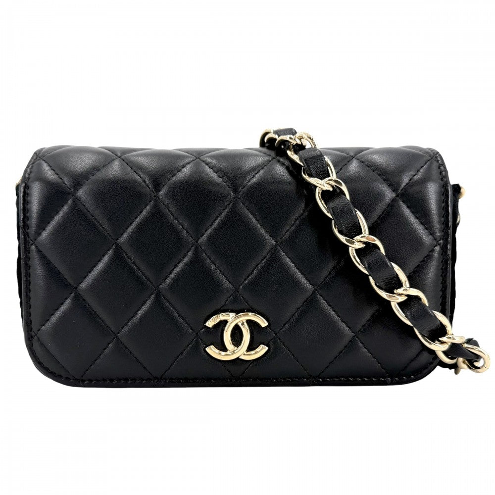 CHANEL シャネル ショルダーバッグ マトラッセ フラップフォンケース チェーンショルダー ニット ココマーク ラムスキン ブラック 黒 ゴールド金具 レディース【中古品】