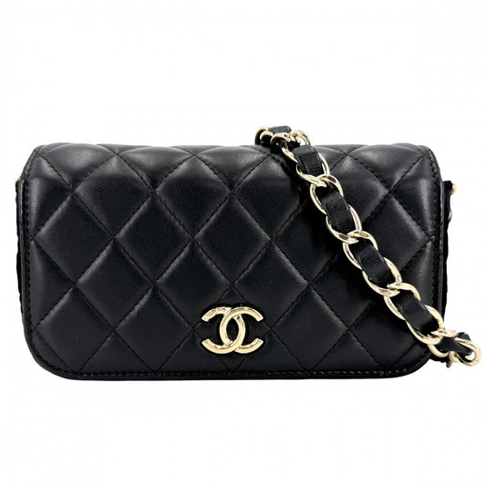 CHANEL シャネル ショルダーバッグ マトラッセ フラップフォンケース チェーンショルダー ニット ココマーク ラムスキン ブラック 黒 ゴールド金具 レディース【中古品】