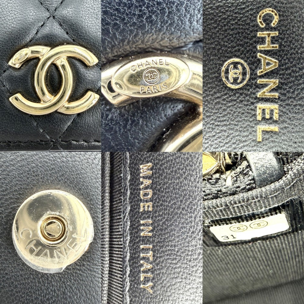 CHANEL シャネル ショルダーバッグ マトラッセ フラップフォンケース チェーンショルダー ニット ココマーク ラムスキン ブラック 黒 ゴールド金具 レディース【中古品】