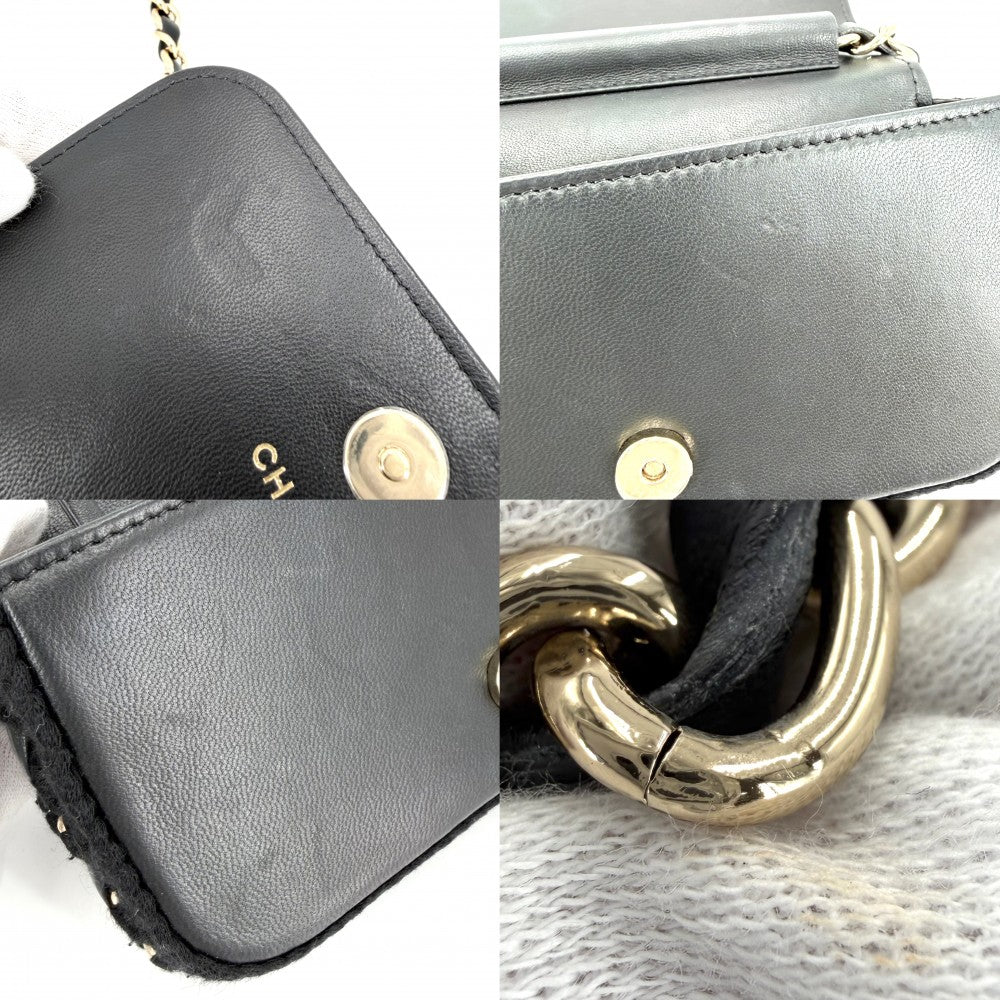 CHANEL シャネル ショルダーバッグ マトラッセ フラップフォンケース チェーンショルダー ニット ココマーク ラムスキン ブラック 黒 ゴールド金具 レディース【中古品】