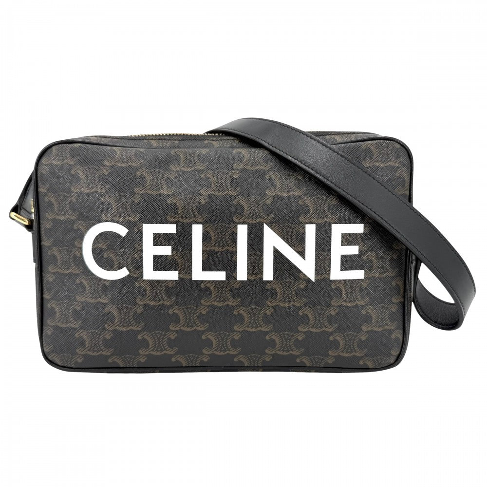 CELINE セリーヌ ショルダーバッグ ミディアムメッセンジャーバッグ ロゴ ロゴプリント トリオンフキャンバス カーフスキン ブラック 黒 ブラウン 茶 ゴールド金具 レディース【中古品】