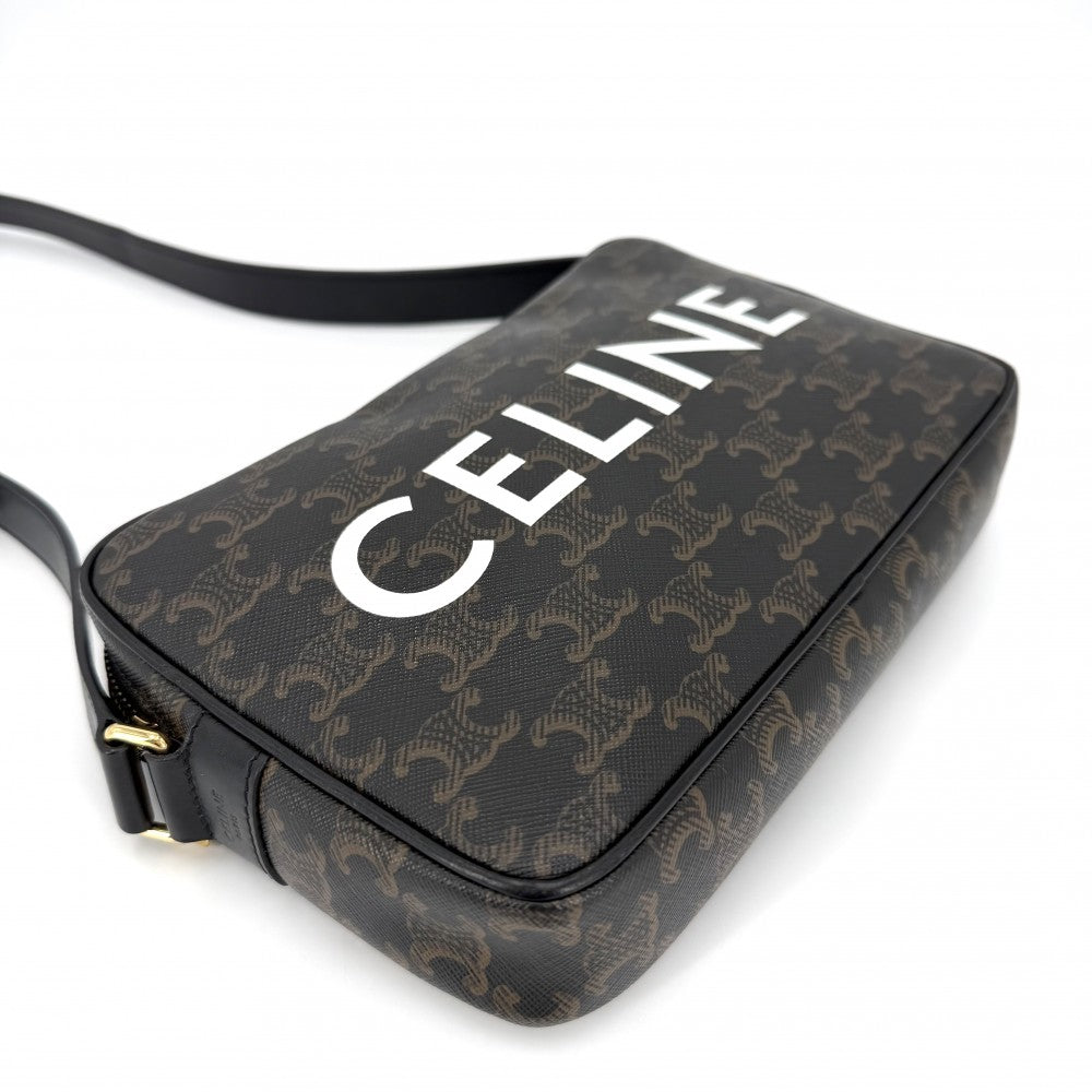 CELINE セリーヌ ショルダーバッグ ミディアムメッセンジャーバッグ ロゴ ロゴプリント トリオンフキャンバス カーフスキン ブラック 黒 ブラウン 茶 ゴールド金具 レディース【中古品】