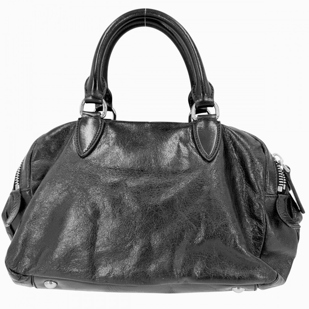 MIUMIU ミュウミュウ ハンドバッグ ロゴ RN0509 レザー ブラック 黒 シルバー金具 レディース【中古品】