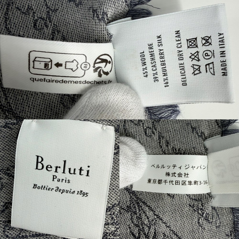 Berluti ベルルッティ ストール デグラデ スクリットパターン ショール スカーフ ファッションアイテム 春 秋 ウール カシミヤ シルク ネイビー 紺 グレー メンズ【中古品】