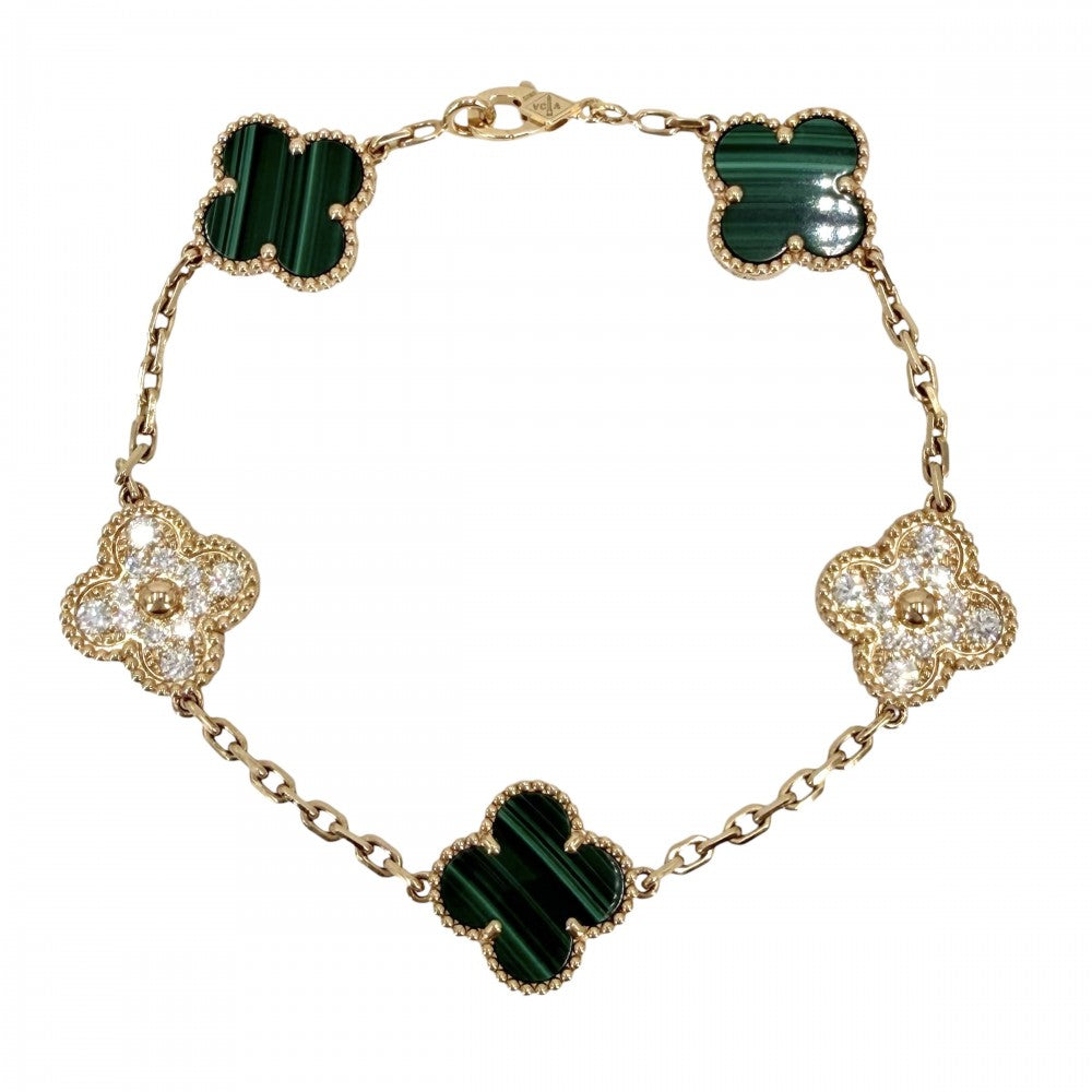Van Cleef & Arpels ヴァンクリーフ＆アーペル ブレスレット 5モチーフ ヴィンテージ アルハンブラ YG K18イエローゴールド ダイヤモンド ゴールド グリーン 緑 レディース 約13.0g【中古品】