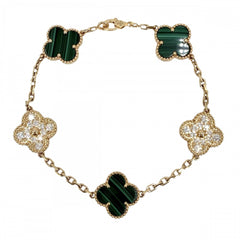Van Cleef & Arpels ヴァンクリーフ＆アーペル ブレスレット 5モチーフ ヴィンテージ アルハンブラ YG K18イエローゴールド ダイヤモンド ゴールド グリーン 緑 レディース 約13.0g【中古品】