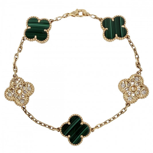 Van Cleef & Arpels ヴァンクリーフ＆アーペル ブレスレット 5モチーフ ヴィンテージ アルハンブラ YG K18イエローゴールド ダイヤモンド ゴールド グリーン 緑 レディース 約13.0g【中古品】