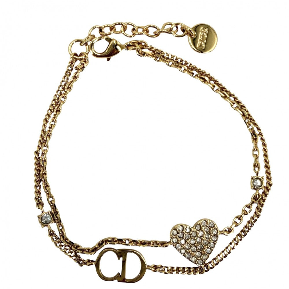 Dior ディオール ブレスレット 2連 Clair D Lune アクセサリー ハート ダブル ラインストーン ゴールド レディース 約3.9g【中古品】