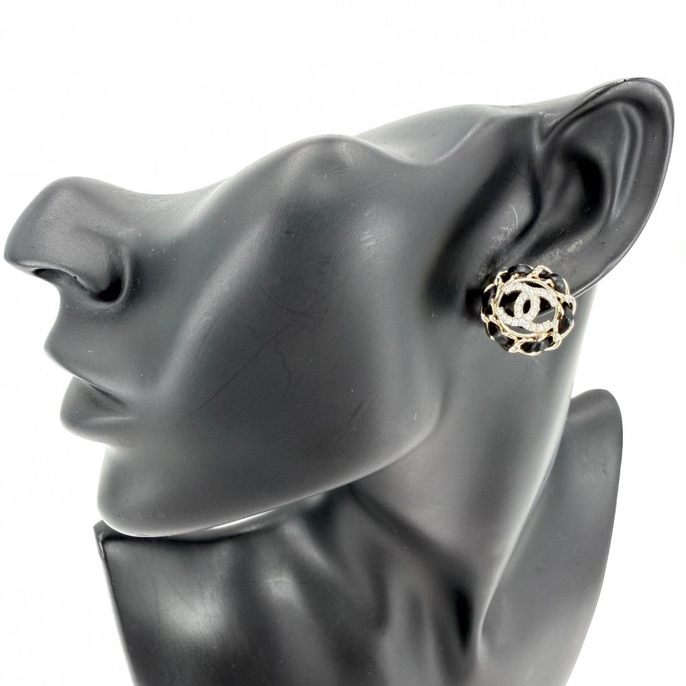CHANEL シャネル ピアス チェーン ココマーク アクセサリー GP レザー ラインストーン B26V ゴールド ブラック 黒 レディース 約5.0g 2026年【中古品】