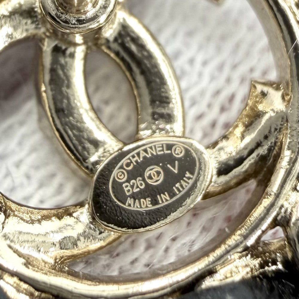 CHANEL シャネル ピアス チェーン ココマーク アクセサリー GP レザー ラインストーン B26V ゴールド ブラック 黒 レディース 約5.0g 2026年【中古品】