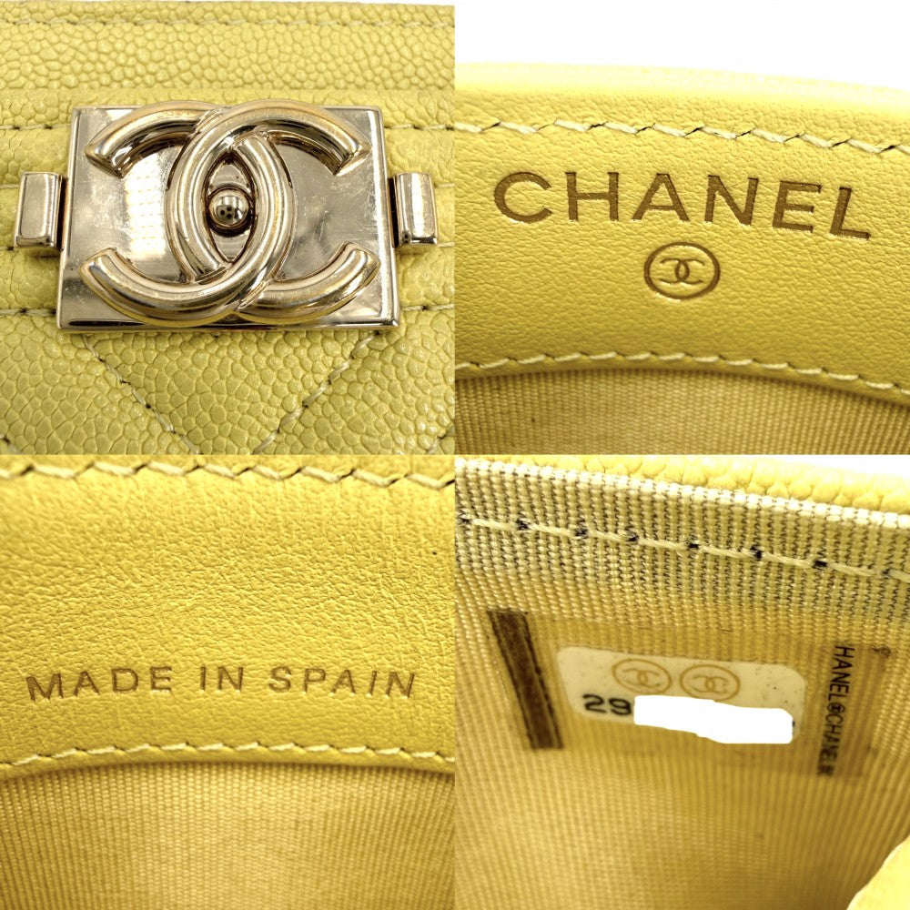 CHANEL シャネル カードケース Vステッチ ボーイシャネル ココマーク キャビアスキン イエロー ゴールド金具 レディース【中古品】