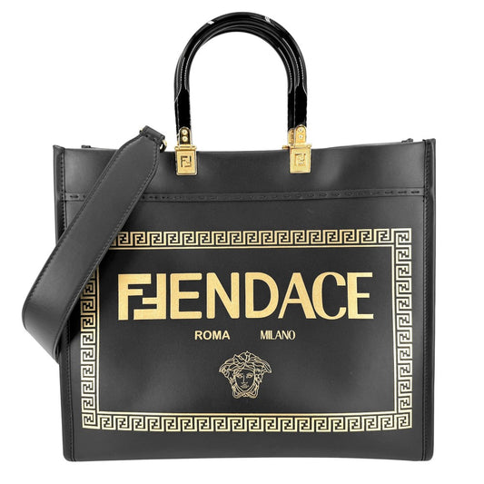 FENDI フェンディ 2WAY フェンダーチェ サンシャイン ミディアム ショルダーバッグ トートバッグ ハンドバッグ ヴェルサーチコラボ レザー ブラック 黒 ゴールド金具 レディース【中古品】