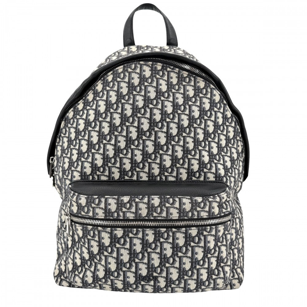 Christian Dior クリスチャンディオール リュック オブリーク Rider バックパック キャンバス レザー ベージュ ネイビー 紺 シルバー金具 メンズ【中古品】