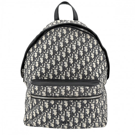 Christian Dior クリスチャンディオール リュック オブリーク Rider バックパック キャンバス レザー ベージュ ネイビー 紺 シルバー金具 メンズ【中古品】