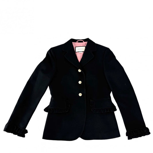 GUCCI グッチ テーラードジャケット フリル 服 ジャケット アパレル 38 432417 ブラック 黒 ピンク 春 秋 ウール シルク レディース【中古品】