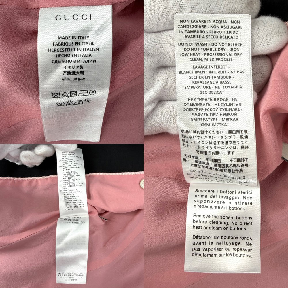 GUCCI グッチ テーラードジャケット フリル 服 ジャケット アパレル 38 432417 ブラック 黒 ピンク 春 秋 ウール シルク レディース【中古品】