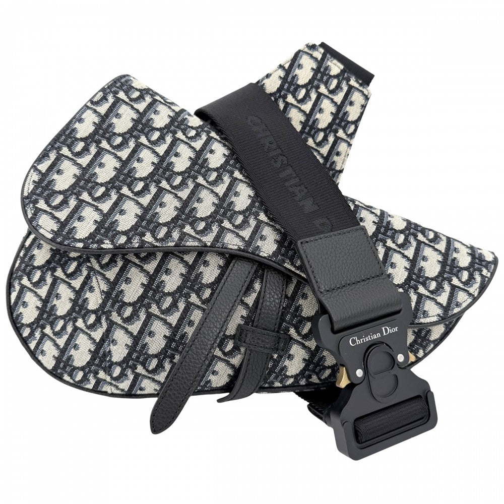 Dior ディオール ボディバッグ オブリーク サドルバッグ ショルダーバッグ キャンバス ネイビー 紺 ベージュ シルバー金具 メンズ【中古品】