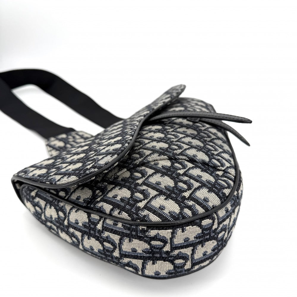Dior ディオール ボディバッグ オブリーク サドルバッグ ショルダーバッグ キャンバス ネイビー 紺 ベージュ シルバー金具 メンズ【中古品】