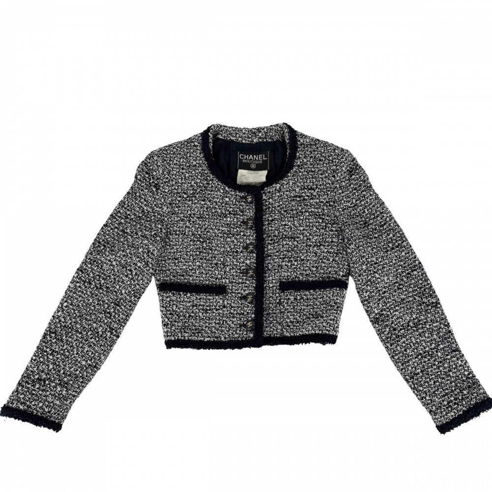 CHANEL シャネル ノーカラージャケット ヴィンテージ ツイード アウター アパレル 服 ココマーク 36 ネイビー 紺 ホワイト 白 ウール レーヨン ナイロン ポリエステル レディース【中古品】