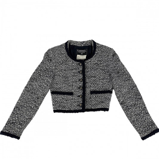 CHANEL シャネル ノーカラージャケット ヴィンテージ ツイード アウター アパレル 服 ココマーク 36 ネイビー 紺 ホワイト 白 ウール レーヨン ナイロン ポリエステル レディース【中古品】