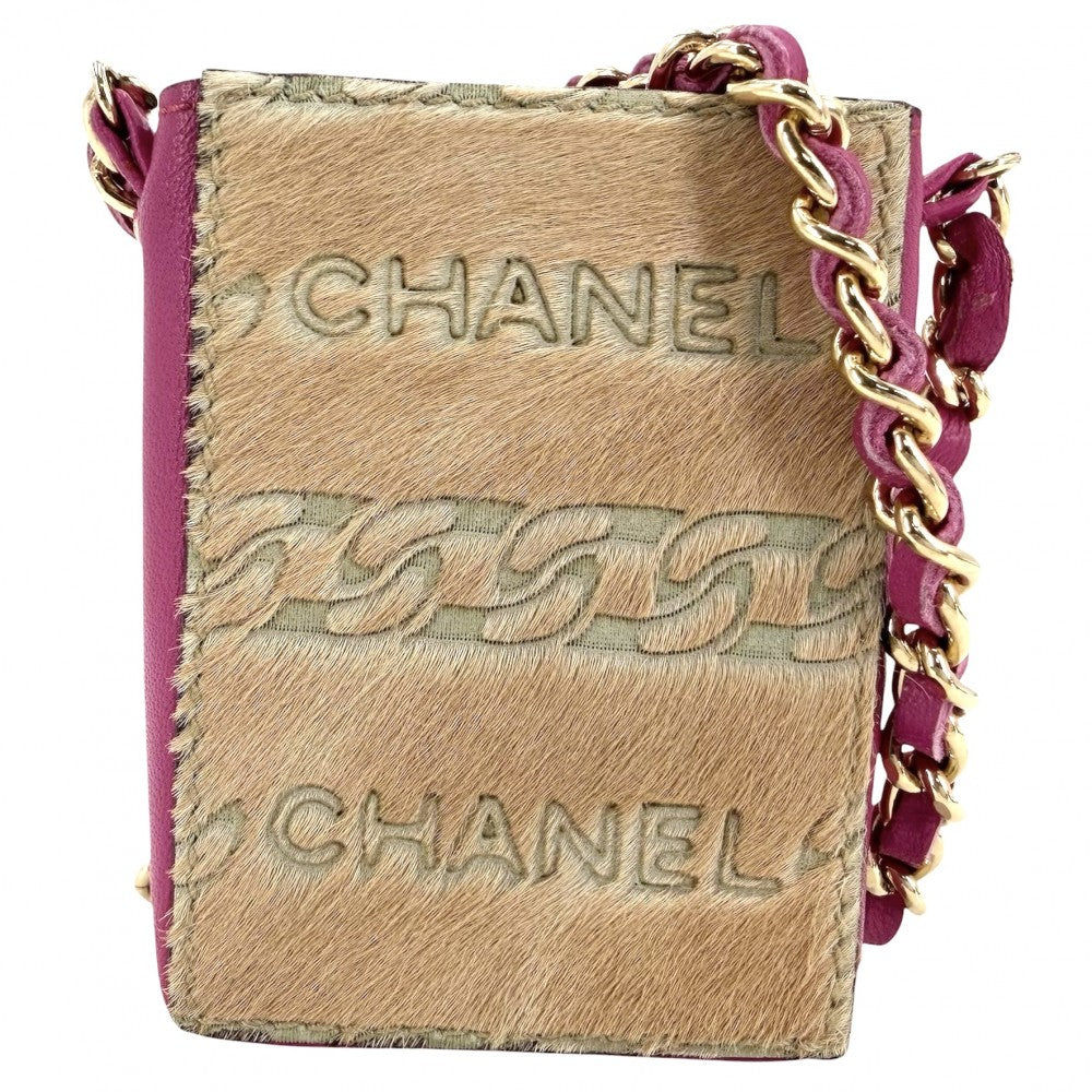 CHANEL シャネル 小物 チェーンショルダー シガレットケース ショルダーポーチ ミニバッグ ハラコ レザー ピンク ベージュ ゴールド金具 レディース【中古品】