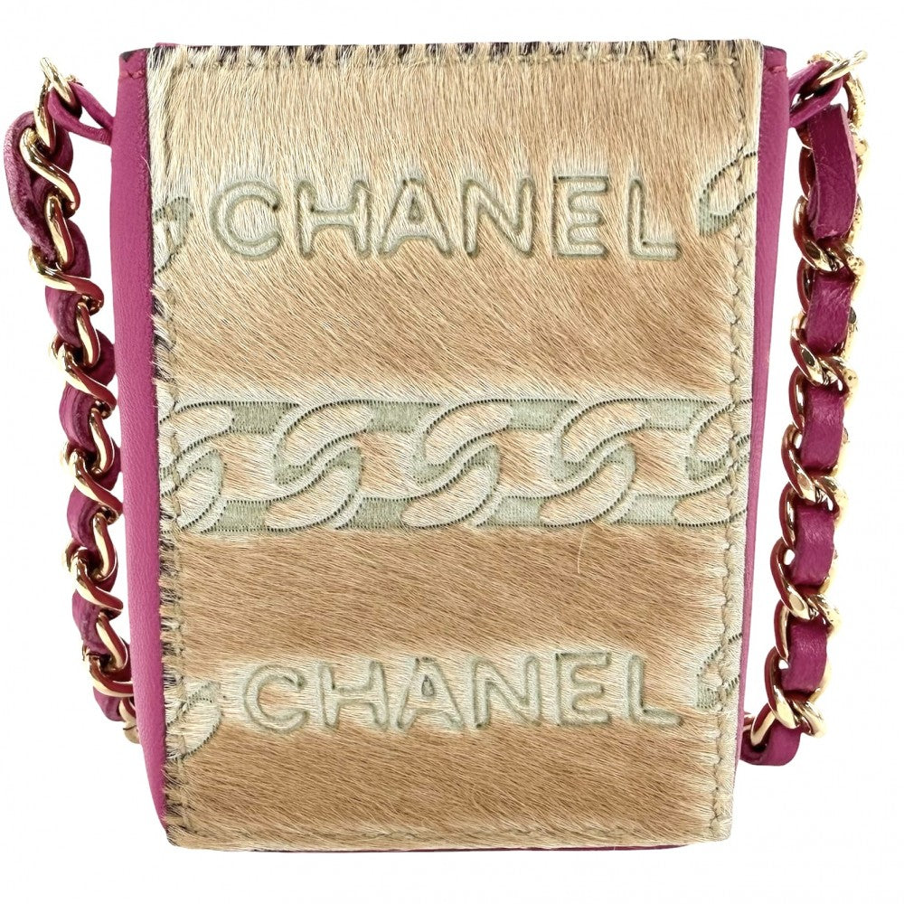 CHANEL シャネル 小物 チェーンショルダー シガレットケース ショルダーポーチ ミニバッグ ハラコ レザー ピンク ベージュ ゴールド金具 レディース【中古品】