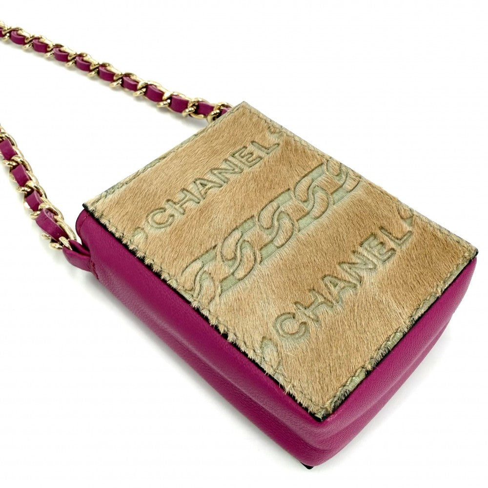 CHANEL シャネル 小物 チェーンショルダー シガレットケース ショルダーポーチ ミニバッグ ハラコ レザー ピンク ベージュ ゴールド金具 レディース【中古品】