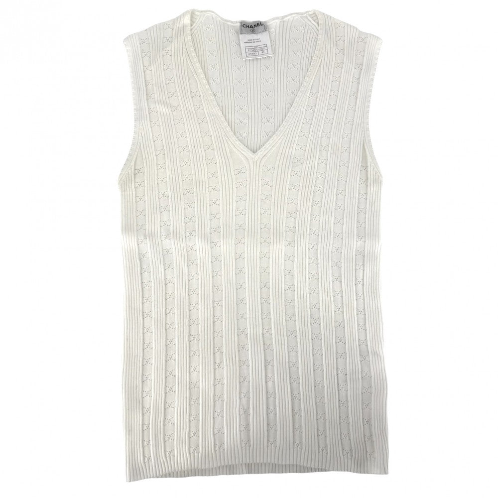 CHANEL シャネル タンクトップ ノースリーブ アパレル 服 トップス ストライプ レース 42 ホワイト 白 夏 コットン レディース【中古品】