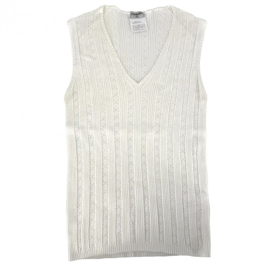 CHANEL シャネル タンクトップ ノースリーブ アパレル 服 トップス ストライプ レース 42 ホワイト 白 夏 コットン レディース【中古品】