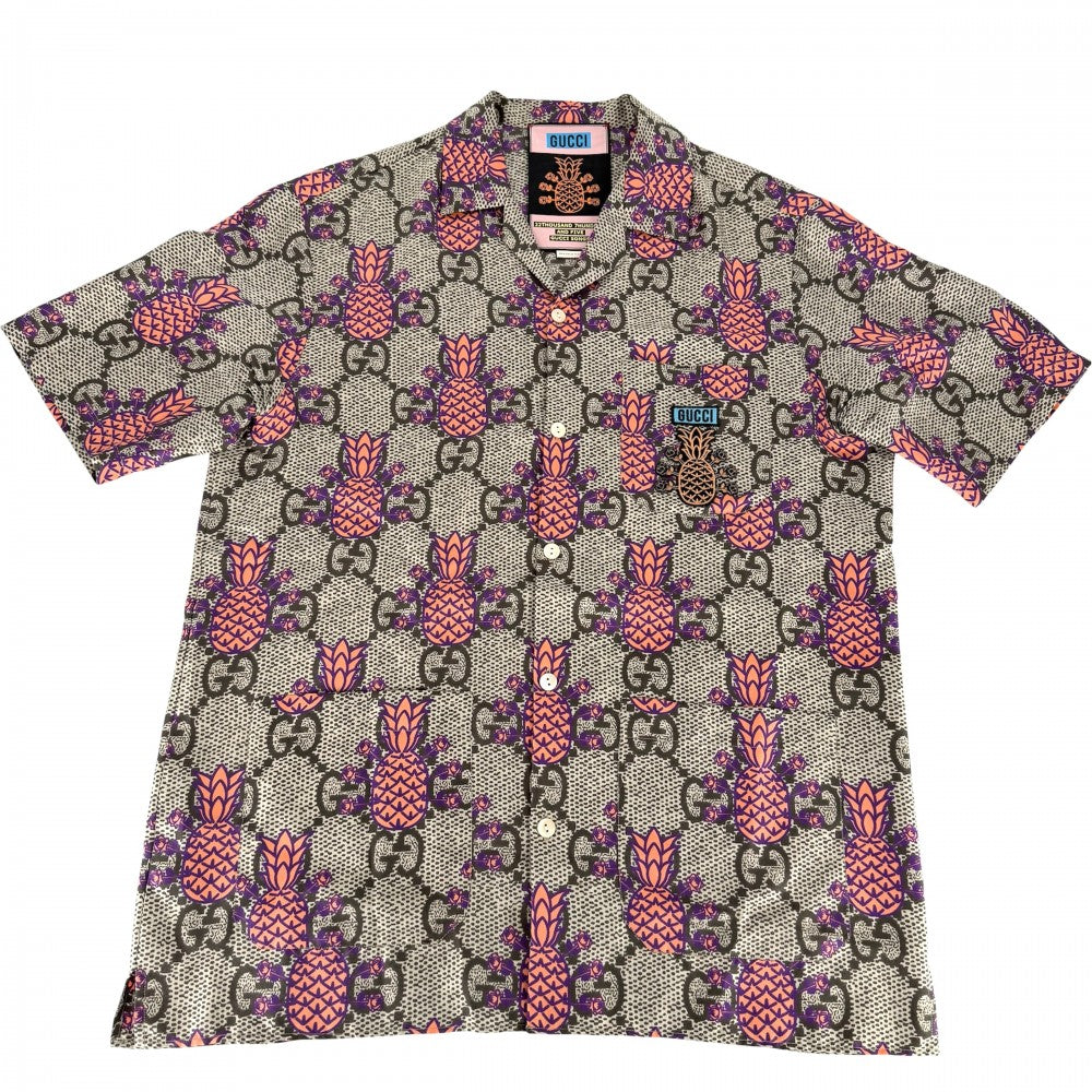 GUCCI グッチ 半袖シャツ GG パイナップル トップス アパレル 服 44 669202 ブラウン 茶 オレンジ 春 夏 シルク メンズ【中古品】