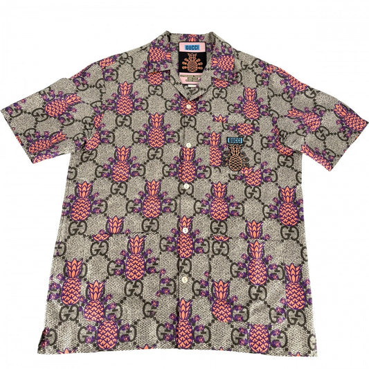 GUCCI グッチ 半袖シャツ GG パイナップル トップス アパレル 服 44 669202 ブラウン 茶 オレンジ 春 夏 シルク メンズ【中古品】