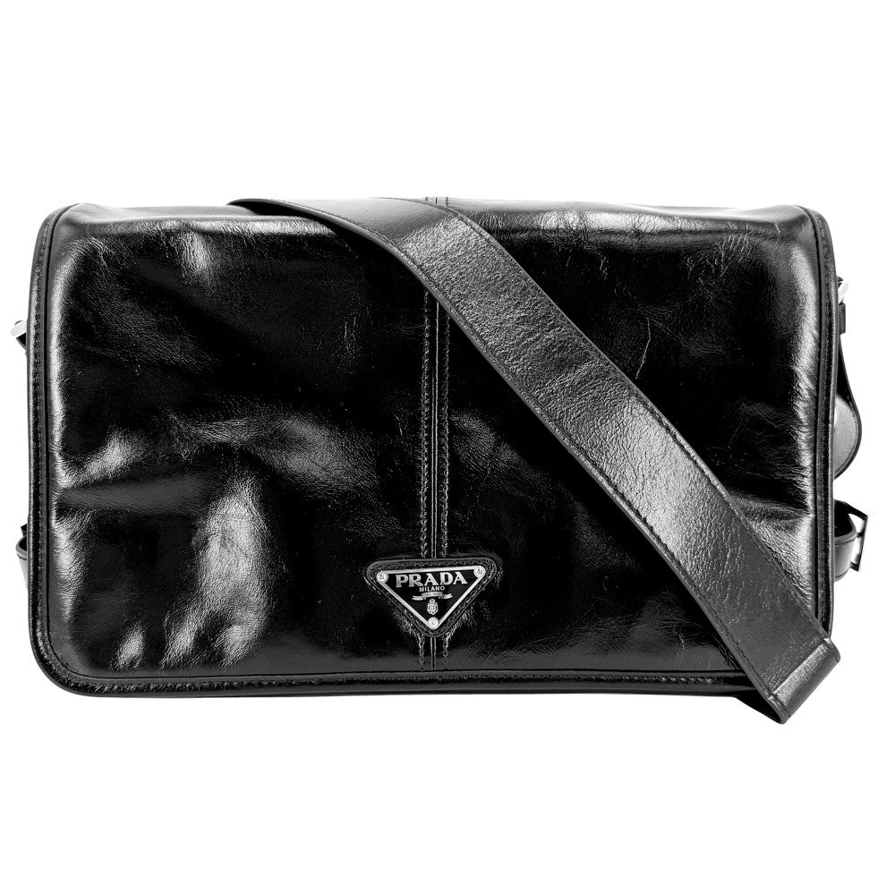 PRADA プラダ ショルダーバッグ トライアングルロゴ ソフトルックスレザー 2VD073 レザー ブラック 黒 シルバー金具 ユニセックス【中古品】