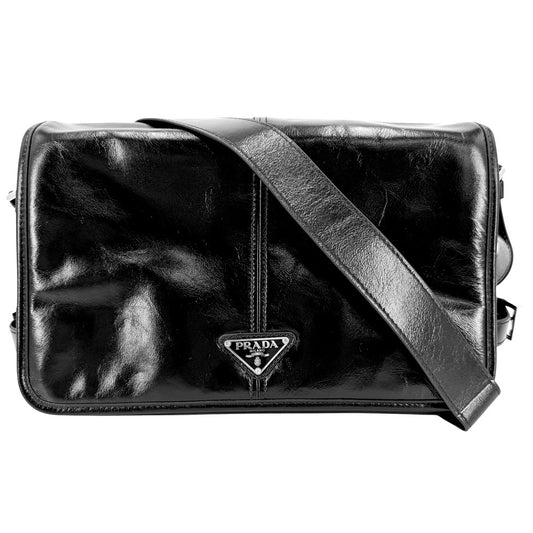 PRADA プラダ ショルダーバッグ トライアングルロゴ ソフトルックスレザー 2VD073 レザー ブラック 黒 シルバー金具 ユニセックス【中古品】
