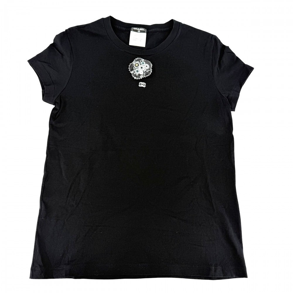CHANEL シャネル 半袖Ｔシャツ ココマーク コサージュ付き アパレル 服 トップス 38 ブラック 黒 夏 コットン レディース【中古品】