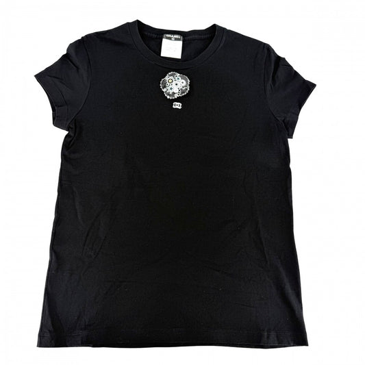 CHANEL シャネル 半袖Ｔシャツ ココマーク コサージュ付き アパレル 服 トップス 38 ブラック 黒 夏 コットン レディース【中古品】